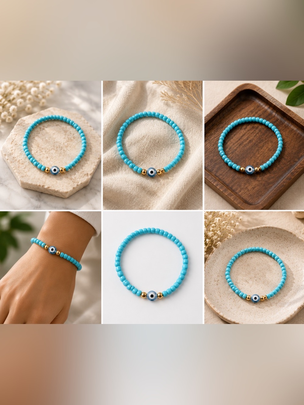 Turquoise Beaded Evil Eye Stretch Bracelet - Unbranded#39